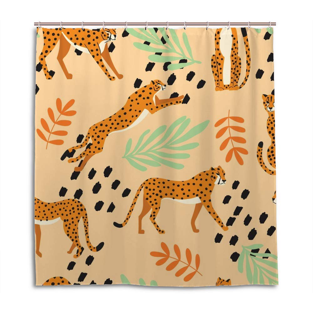 Rideau de douche grand chat plantes tropicales orange clair, textile lavable avec crochets