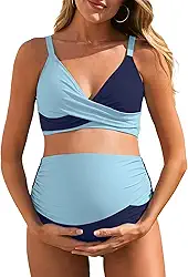 Biquíni para gestantes, duas peças, cores contrastantes, gola V, cintura alta, roupa de banho para gravidez