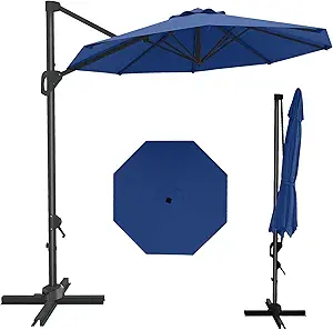 10FT Patio Umbrella Outdoor Large Cantilever w/Base Included Market Sun Shade Windproof Offset with 360-Degree Rotation for Garden Deck Pool Patio, Navy Blue