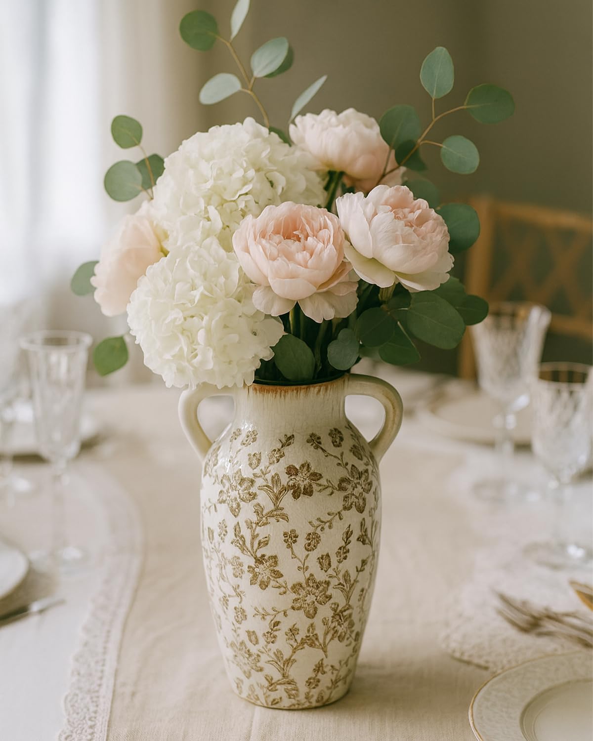 Vintage Ceramic Vase with Handles, 9.45 Inch Crackle Glaze Floral Pattern Vase, Rustic Farmhouse Decorative Flower Vase for Table Centerpieces, Boho & Chinoiserie Home Decor - Image 4