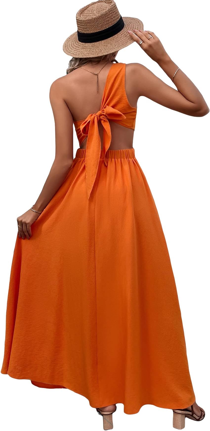 MakeMeChic Women's One Shoulder Sleeveless Cut Out Tie Back A Line Split Long Maxi Dress