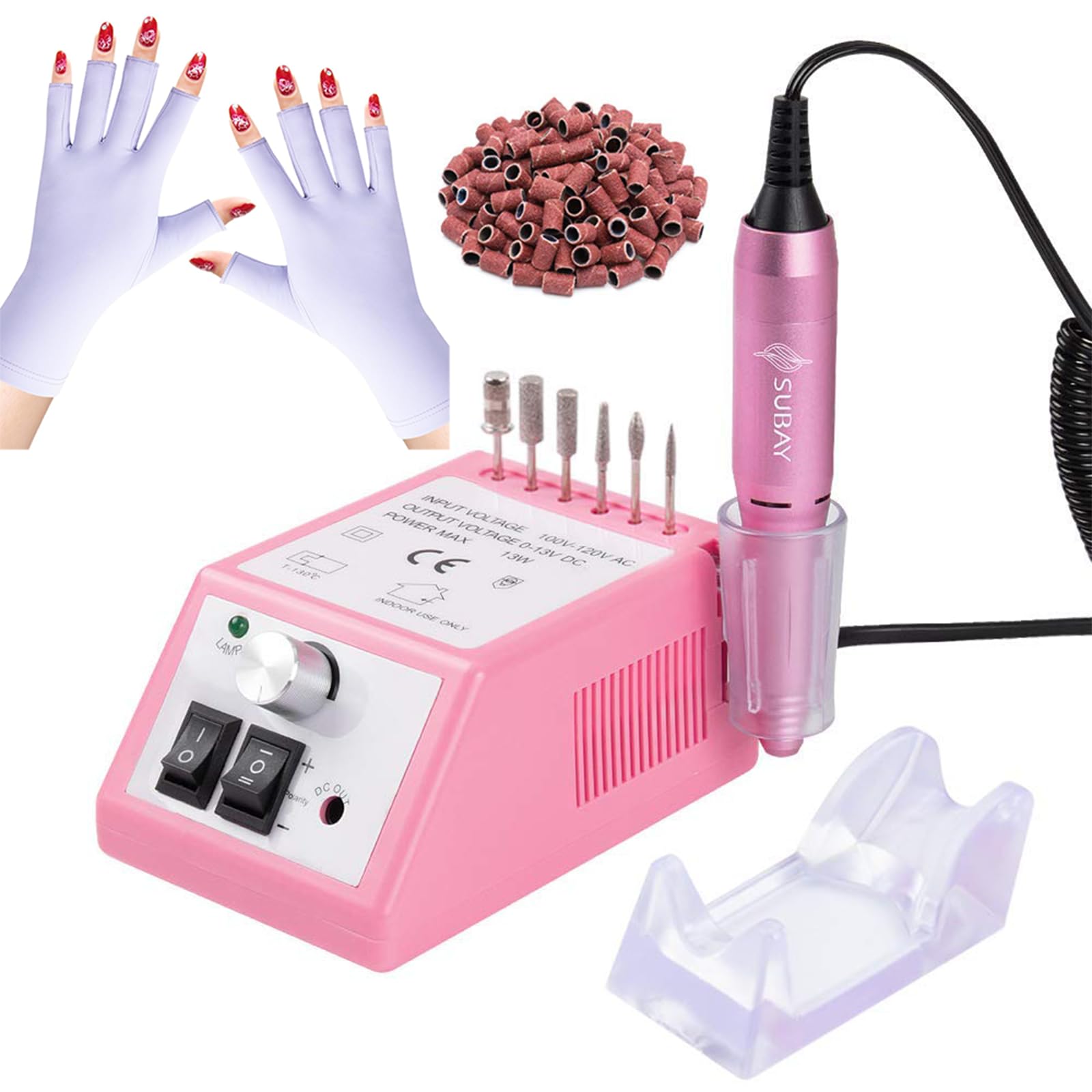 SUBAY Professional Finger Toe Nail Care Electric Nail Drill Machine Manicure witth Fingerless Purple Gloves with UPF 50+ Protection for Nail Art, Manicures