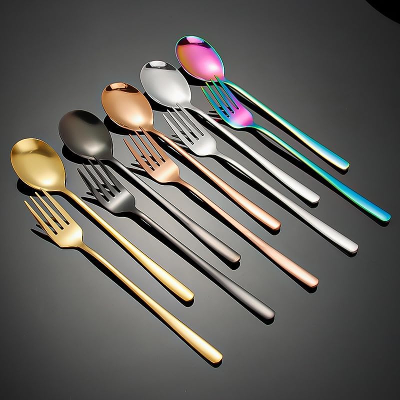 Silverware Flatware Set, 3/12/18/24 Pieces 304 Stainless Steel Spoons, Dessert Spoons, Forks, Coffee Long-handled Stirring Spoons, Home Eating Tableware Set (Color : Rainbow, Size : 4Set-