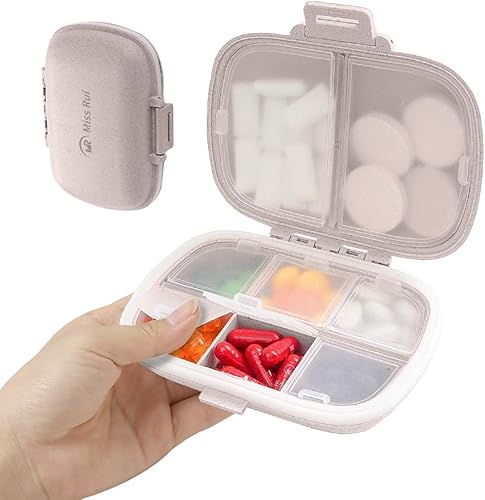 Miniatura 10 de Miss Rui Pastillero de viaje con 8 compartimentos, pastillero pequeño portátil diario para guardar vitaminas, aceite de hígado de bacalao,