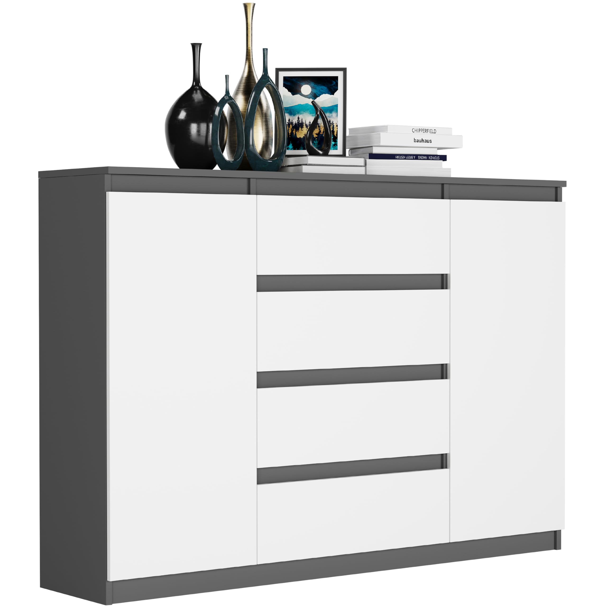 Highboard Weiß/Anthrazit 140x40x98 cm – Kommode mit 4 Schubladen & Schränken, Sideboard für Wohnzimmer, Esszimmer & Schlafzimmer, Modern R-140-S4