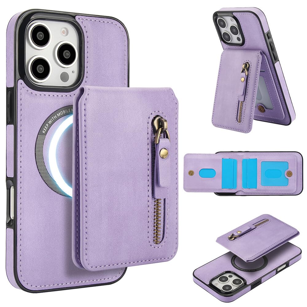 Étui iPhone 13 Pro violet avec portefeuille en cuir amovible et fermeture éclair - 6
