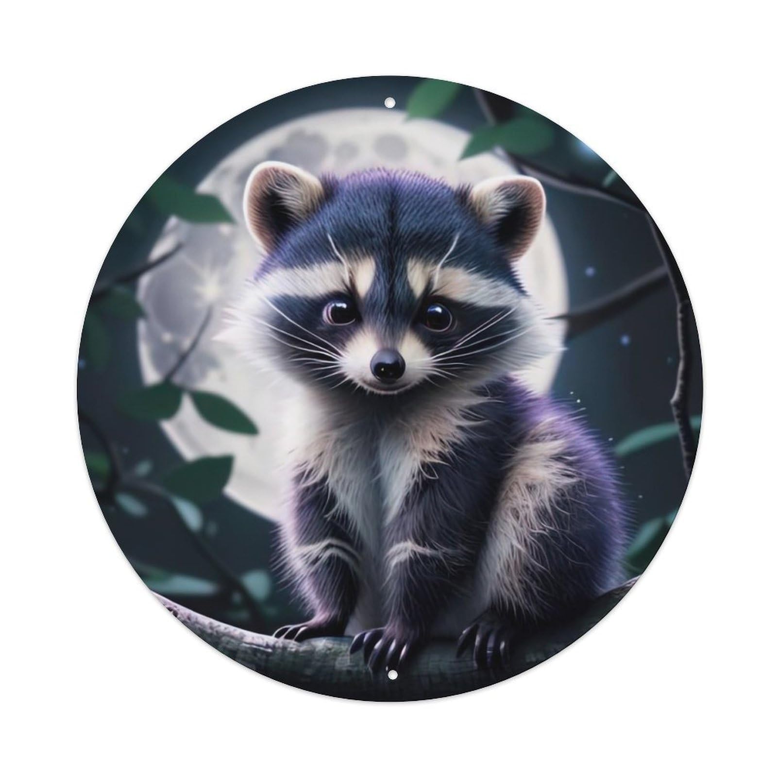 Wildlife Artwork Poster Raccoon on Tree Vintage Metal Tin Sign Plaque Wall Decor for Cafe, Club, Garden Round Metal Poster 8x8Inch