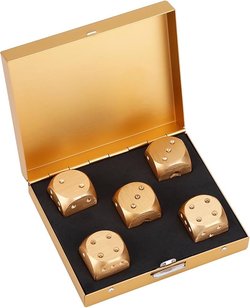 Lot de 5 dés dorés à 6 faces pour jeu de table Mon en alliage d'aluminium avec boîte de rangement haute efficacité (doré