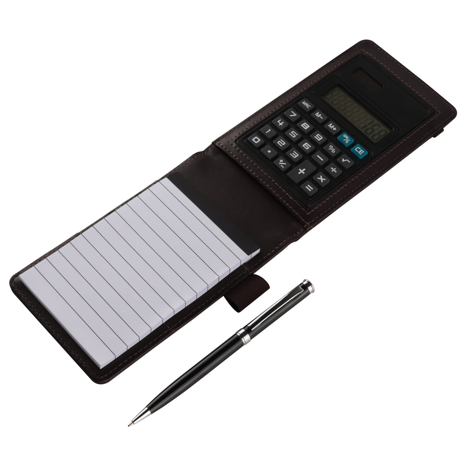 PLENTY Deluxe Leather Pocket Notebook Cover Jotter Organizer Memo Pad Holder with Calculator, 50 Pages Note Paper, Pen and Business Card Slot (Brown)
