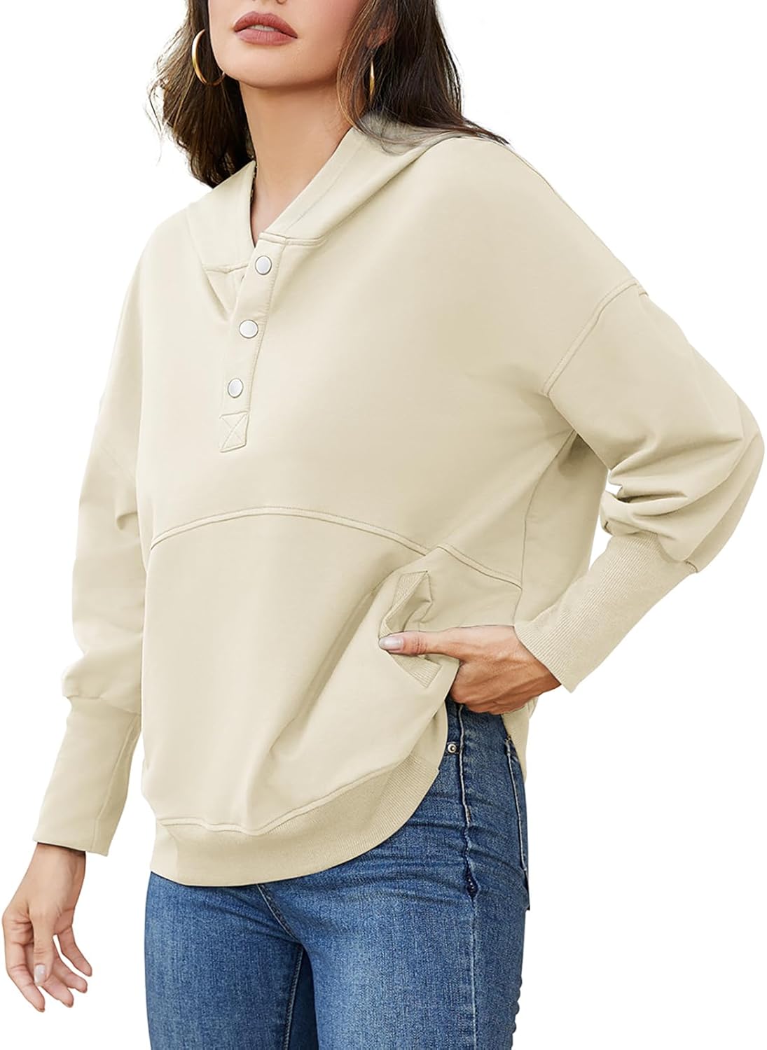 Women's Loose Button Up Pullover Oversized Hoodies Sweatshirt Casual V Neck Long Sleeve Hooded - Image 3