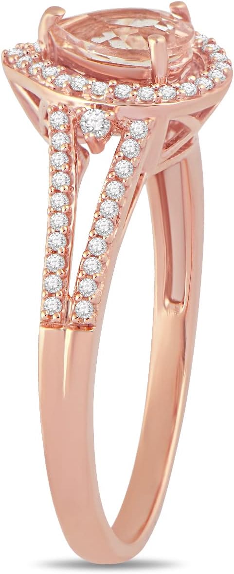 Jewelili 10K Rose Gold 7X5 MM Pear Shape Morganite and 1/4 Cttw Natural White Round Diamond Ring, Size 7
