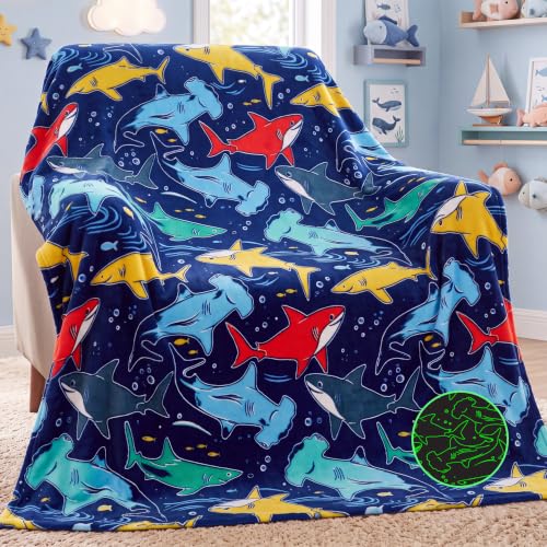 Joiedomi Glow in The Dark Blanket Blue Shark, Gifts for Boys Age 2 3 4 5 6 7 8 9 10 11 12 Year Old, Soft Cozy Flannel Kids Throw Blanket, Birthday Bedroom Decor 50"×60"