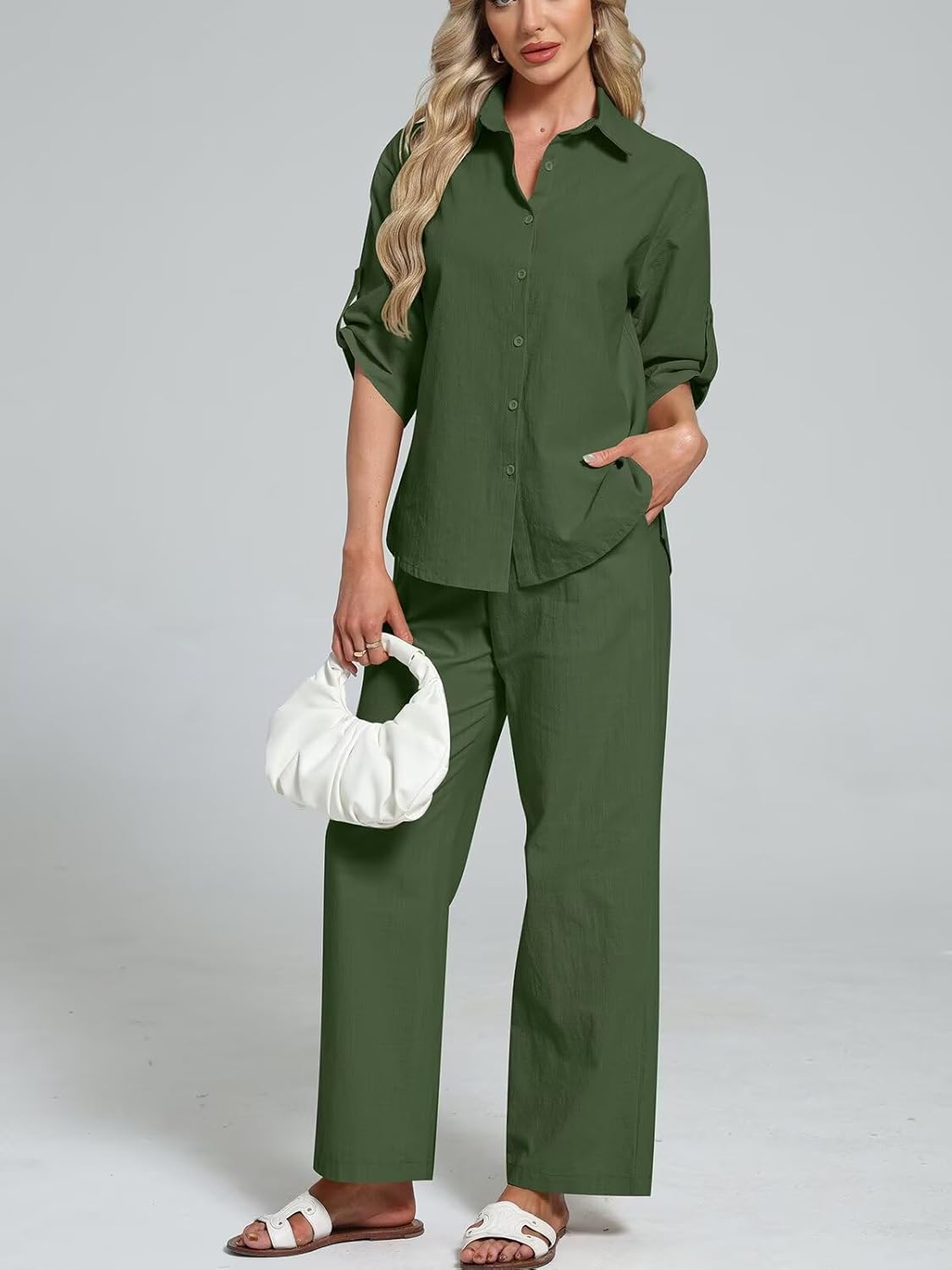 BWQ Womens linen 2 Piece Outfits Long Sleeve Button Down Shirt Wide Leg Pants Lounge Set S-2xl - Image 2