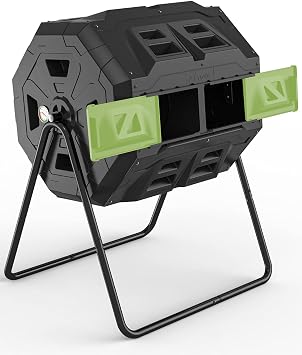2021 Upgraded Tumbling Composter with Compost Thermometer - Dual Chamber Garden Compost Bin43 Gal, Green