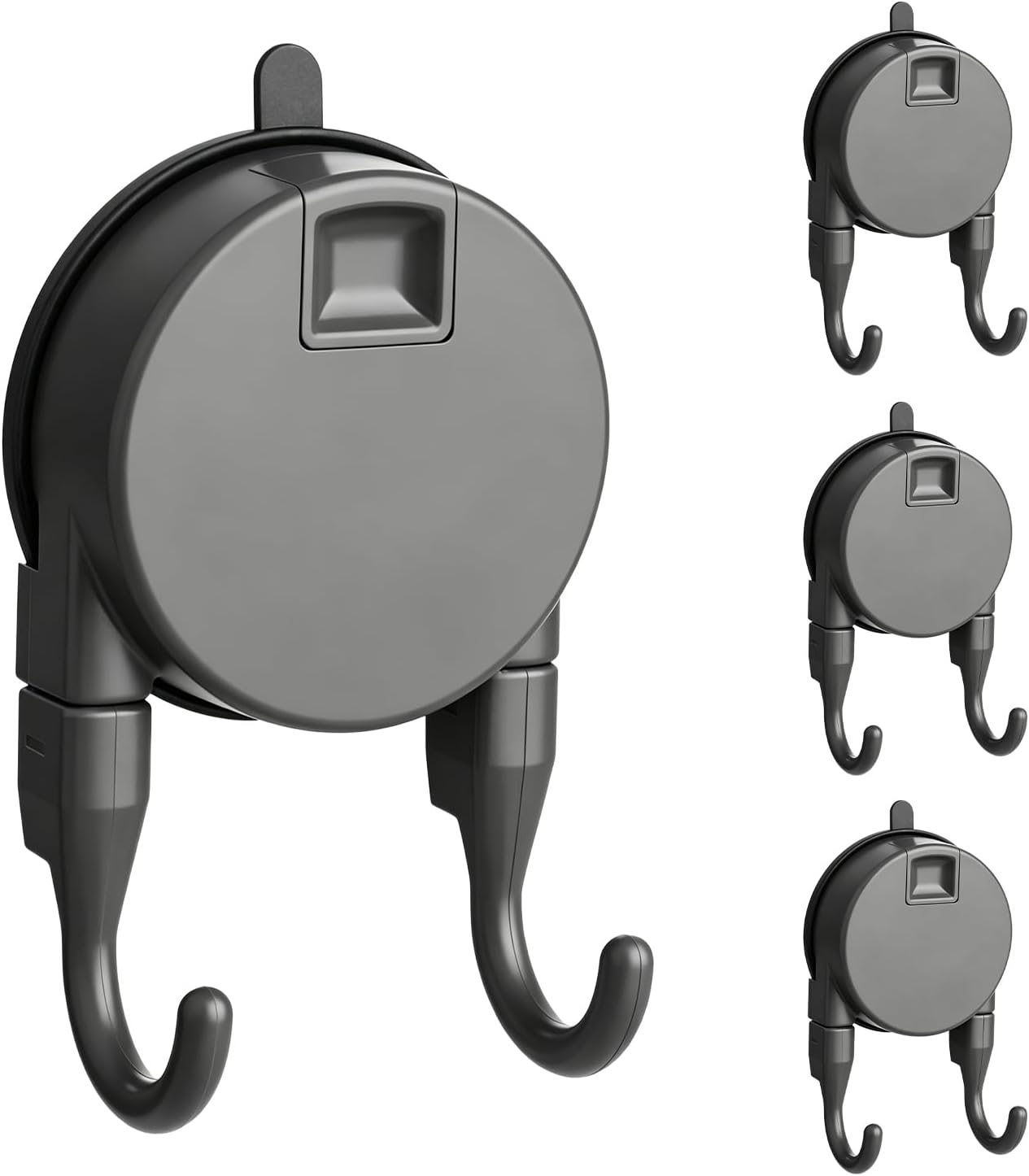 Double Hook Suction Cup Hook for Shower - No Drill, Heavy Duty Hanging Shower Hooks for Hanging Towels,Bath Robe,Coat, Damage-Free Removable Towel Hooks for Bathroom,Tiles,Glass, 4 Pack, Grey