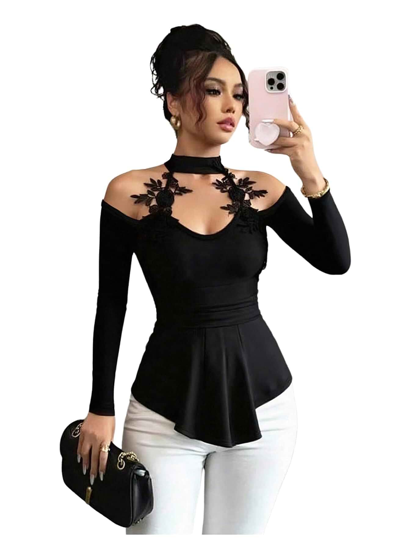 SweatyRocks Women's Cold Shoulder Sexy Mock Neck Halter Embroidery Tops Cut Out,Asymmetric Hem,Keyhole,Long Sleeve Blouse Shirts Dressy Casual,Ruched, Slim Fit T Shirt