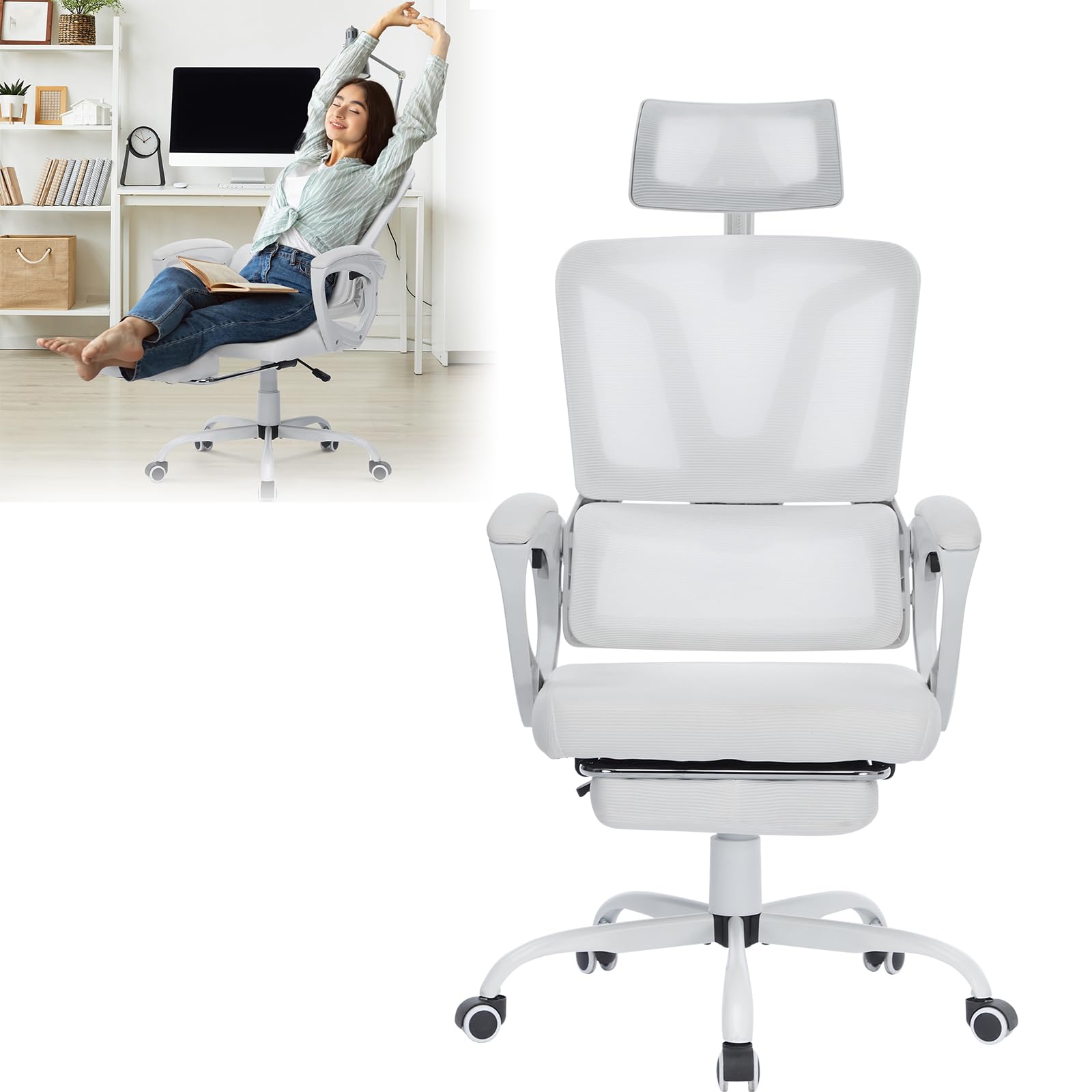Froadp Silla de escritorio ergonómica con reposapiés y reposacabezas, altura regulable, malla transpirable con soporte lumbar e inclinación de 135° (gris claro)