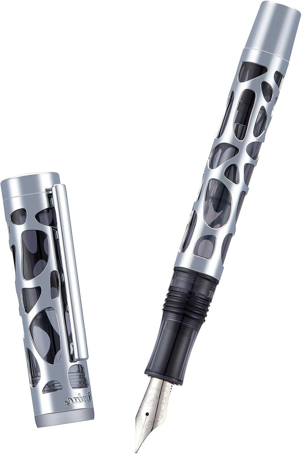 Asvine M169 Fountain Pen Medium Nib, Eye Dropper and Converter Filling, Transparent Black Acrylic Skeleton Pen