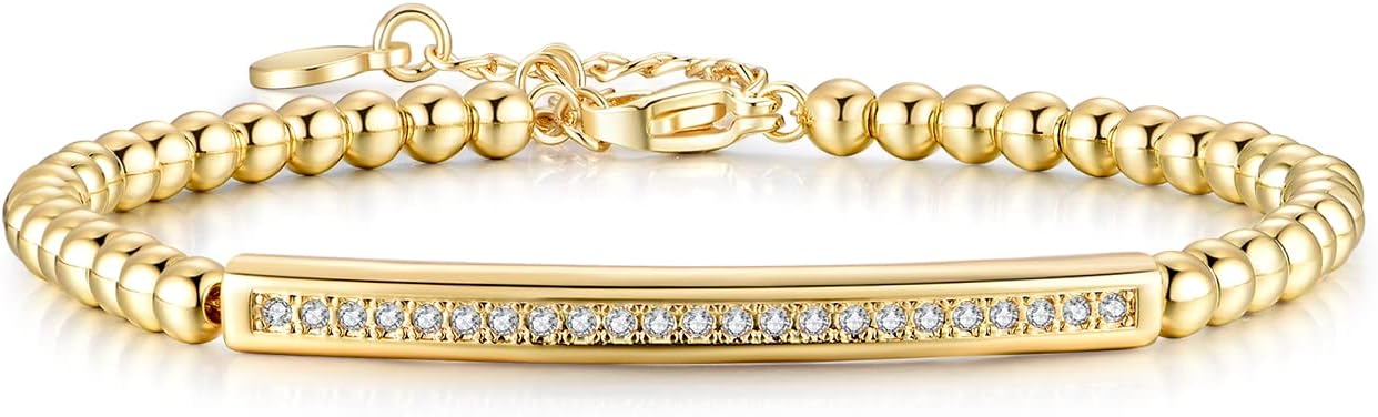 NUZON 4MM Gold Beaded Chain Bracelet for Women Dainty 18K Gold Plated CZ Curved Bar Bracelet Stretch/Lobster Clasp 2 Options
