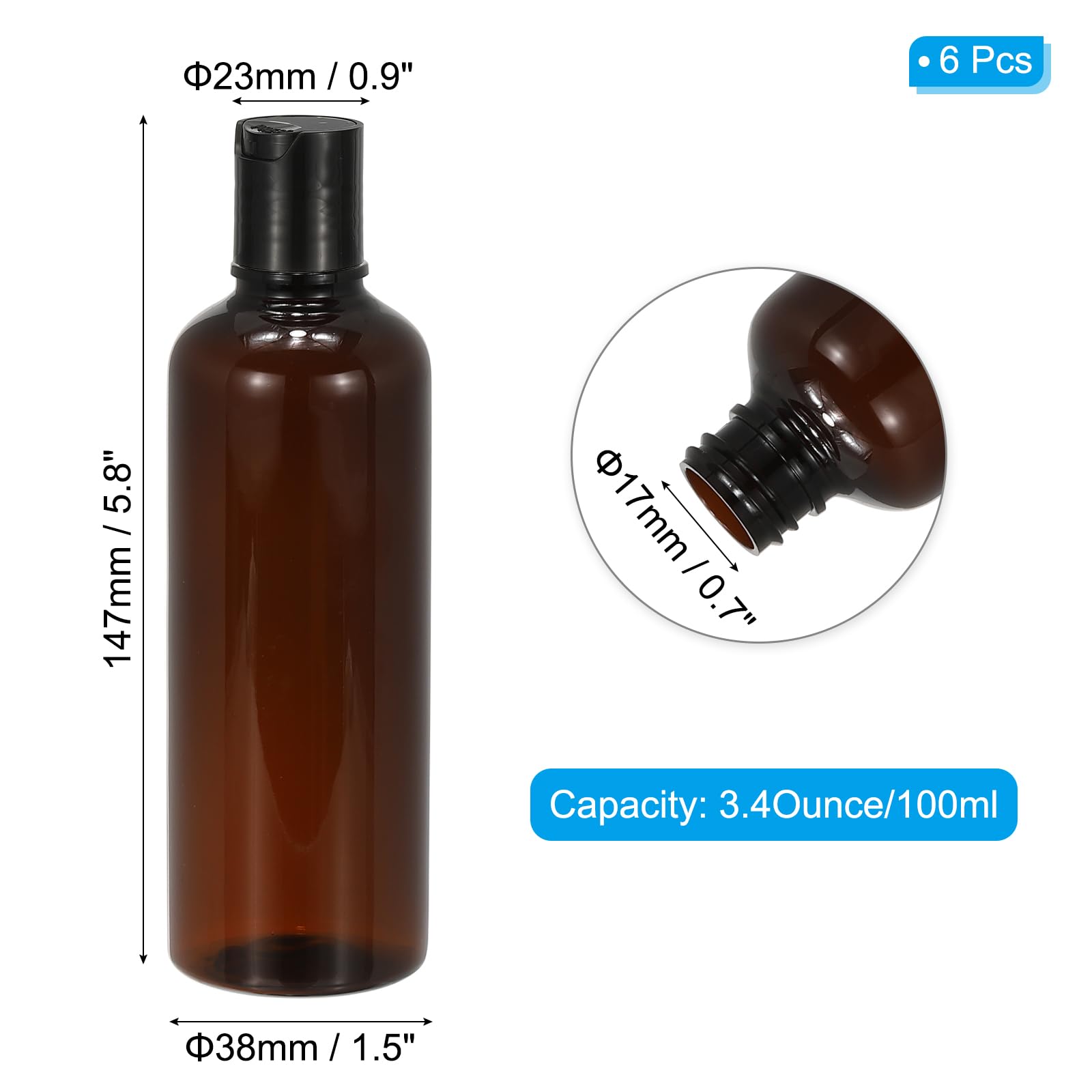 PATIKIL Travel Bottles with Disc Cap, 6 Pcs 3.4 Oz(100ml) Leak Proof Refillable Empty Dispenser Container Squeeze Bottle for Shampoo Toiletries Lotion Cream, Brown - Image 2