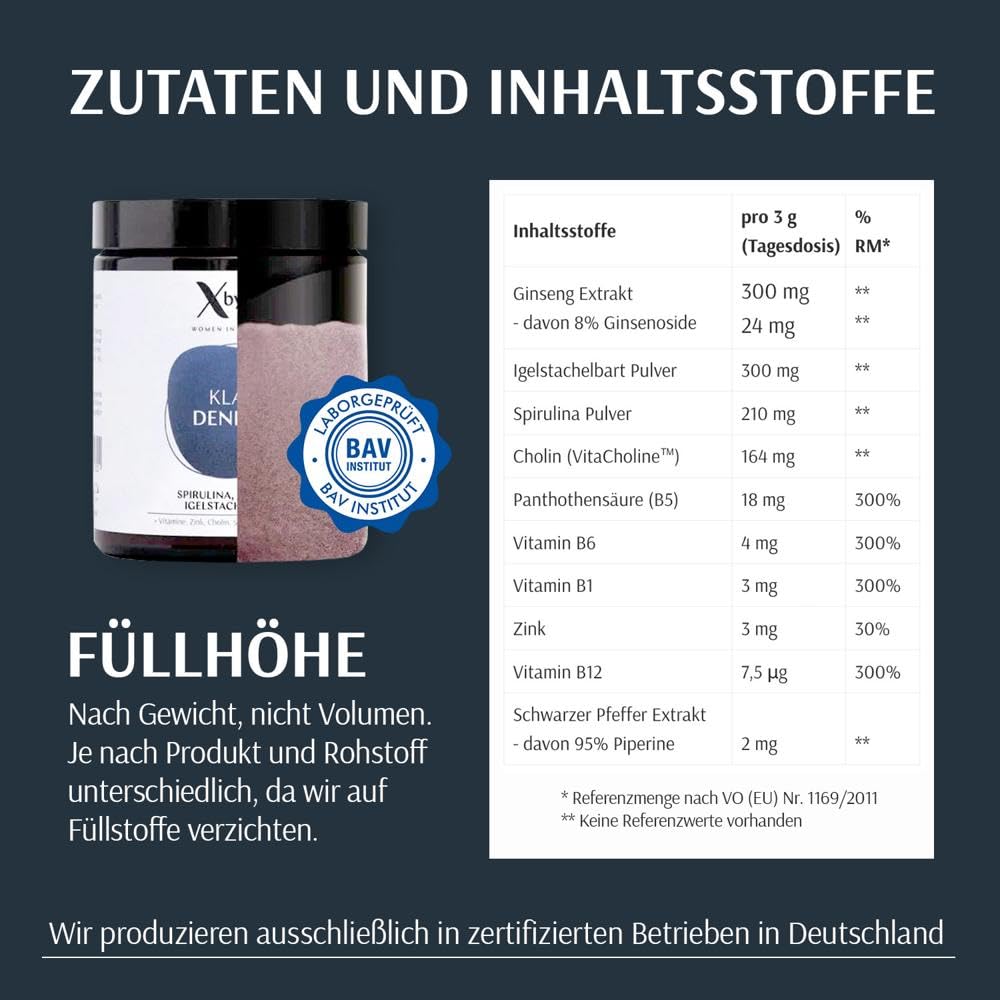 XbyX Klar Denken 90 g | 30 Portionen | Unterstützt Denkleistung, Fokus und Konzentration | Enthält Adaptogene Ginseng, Igelstachelbart & Spirulina | B-Vitamine, Cholin und Zink | Aus Deutschland