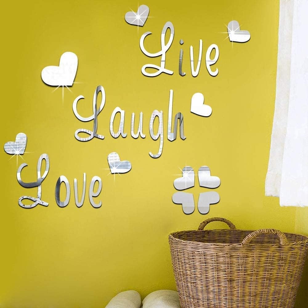 LZYMSZ 3D Acrylic Mirror Wall Decor Stickers, DIY Love Live Laugh Heart Hibiscus Composed Small Art Wall Decals, Home Decorations for Living Room, Bedroom, Bathroom, Farmhouse (Small Silver)