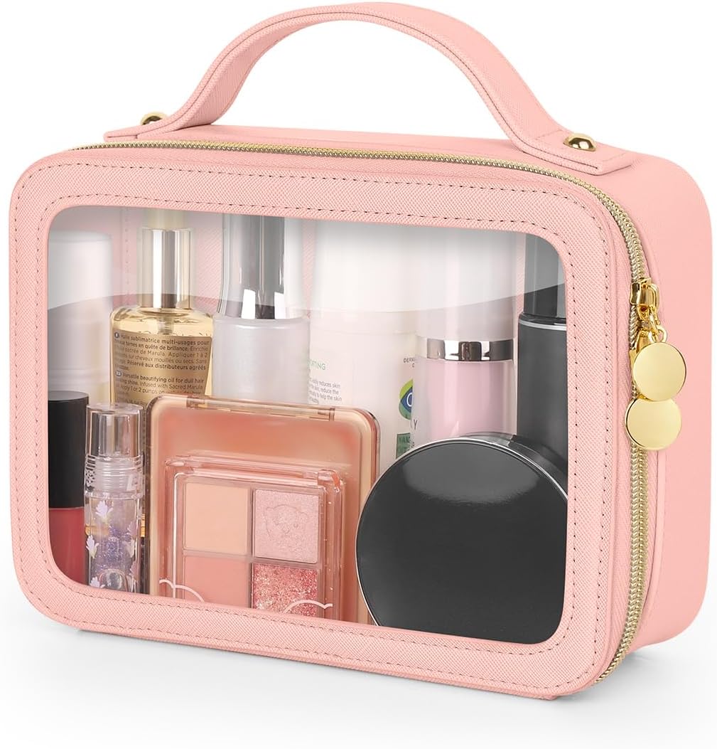 Clear Makeup Bag, Portable Travel Cosmetic Bags, Multipurpose Leather Toiletry Bag with Zipper, Waterproof Transparent Cosmetic Organizer for Women, Medium, Pink Medium Pink