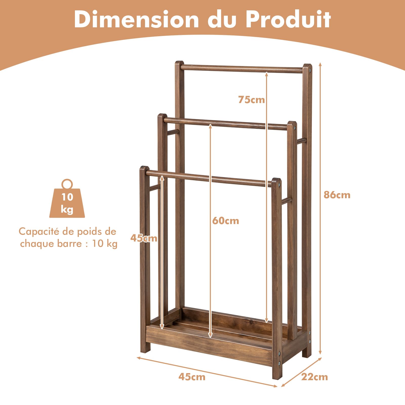 COSTWAY Porte-Serviettes sur Pied en Bois, 3 Barres et Étagère de Rangement Inférieure, Dispositif Anti-Renversement, Support Serviette pour Salle de Bain, Buanderie, 22 x 45 x 86 cm, Marron