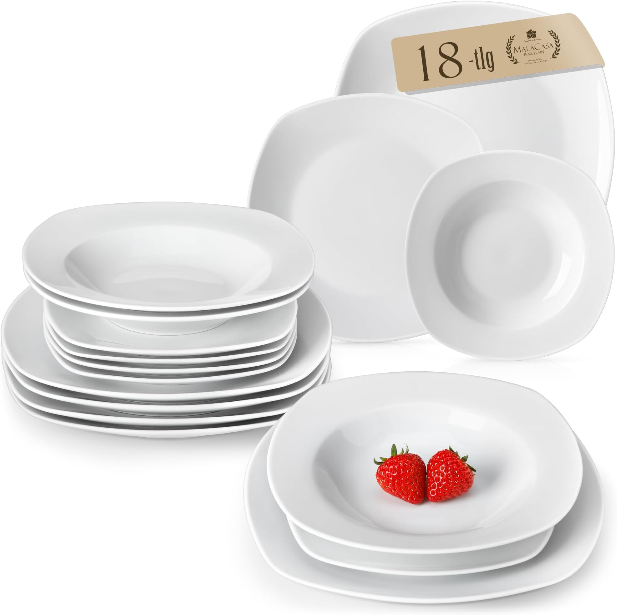MALACASA Dinner Sets for 6 People, 18-Piece Ivory White Porcelain Plates and Bowls Set Dinnerware Set with 6-Piece Dinner Plate/Soup Plate/Dessert Plate, Series Elisa