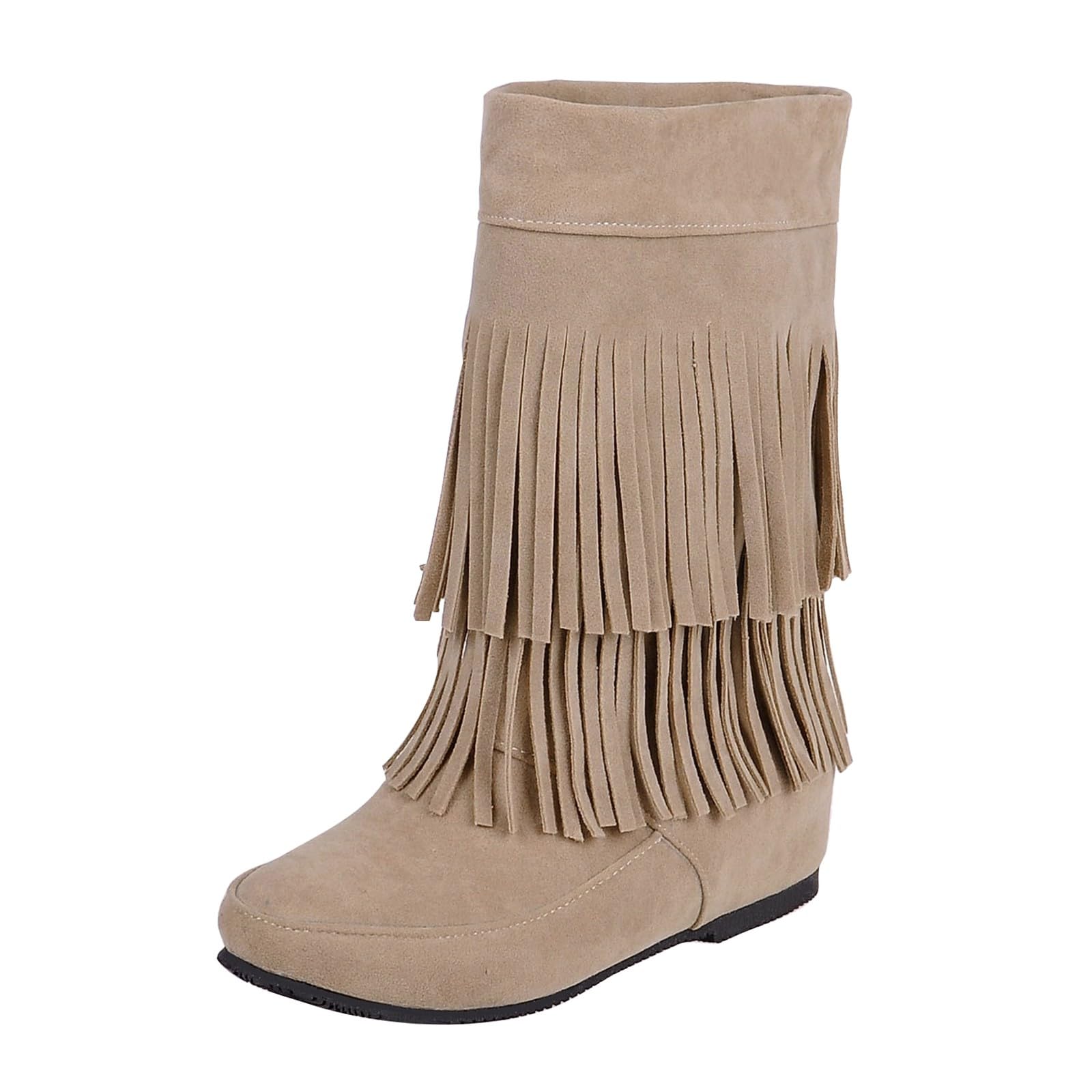 Generisch Botines de vaquero para mujer, botines planos con flecos