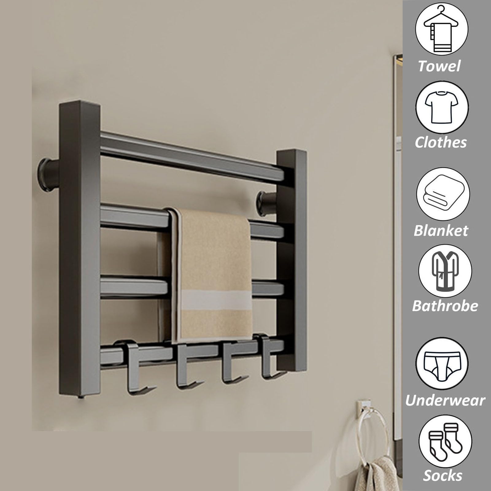 Portasciugamani riscaldato per Bagno da Parete, Piccolo, a Risparmio energetico, con Spina, 4 Barre, Nero, Spina a Sinistra