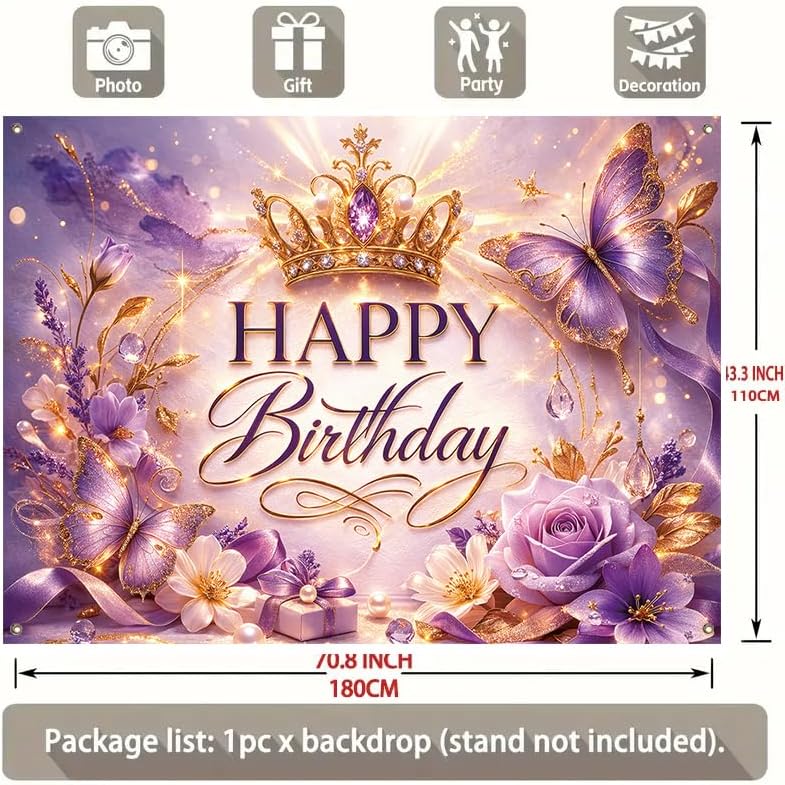 Happy Birthday Banner Purple Butterfly Crown Theme 71 x 43 Inch Elegant Birthday Party Decoration Backdrop Wall Hanging Polyester Banner Indoor Covered Outdoor Display