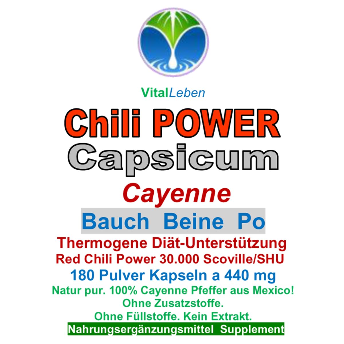 Red Chili Fat-BURNER CAPSAICIN Cayennepfeffer 180 Kapseln BAUCH BEINE PO "Fettbrenner" POWER-Diät Unterstützung & (Fett) Stoffwechsel. OHNE Zusatzstoffe 26595-180