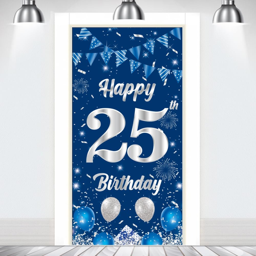25th Birthday Decorations Door Banner Backdrop Blue Birthday Decorations Boys Girls 25 Years Old Door Background Banner Outdoor Indoor Party Supplies Photo Props Booth Decor Supplies180×90cm