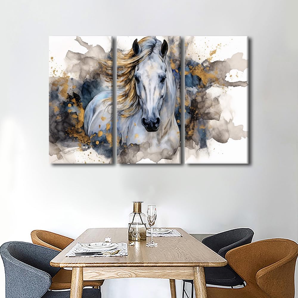 TUMOVO Modern Blue Gold Abstract Artistic Textured Background Equestrian Wall Decor Antique Horse Riding Wall Artwork Decoration Farmhouse Country Wall Art for Home Decor 3 Panels (60" Wx40 H)