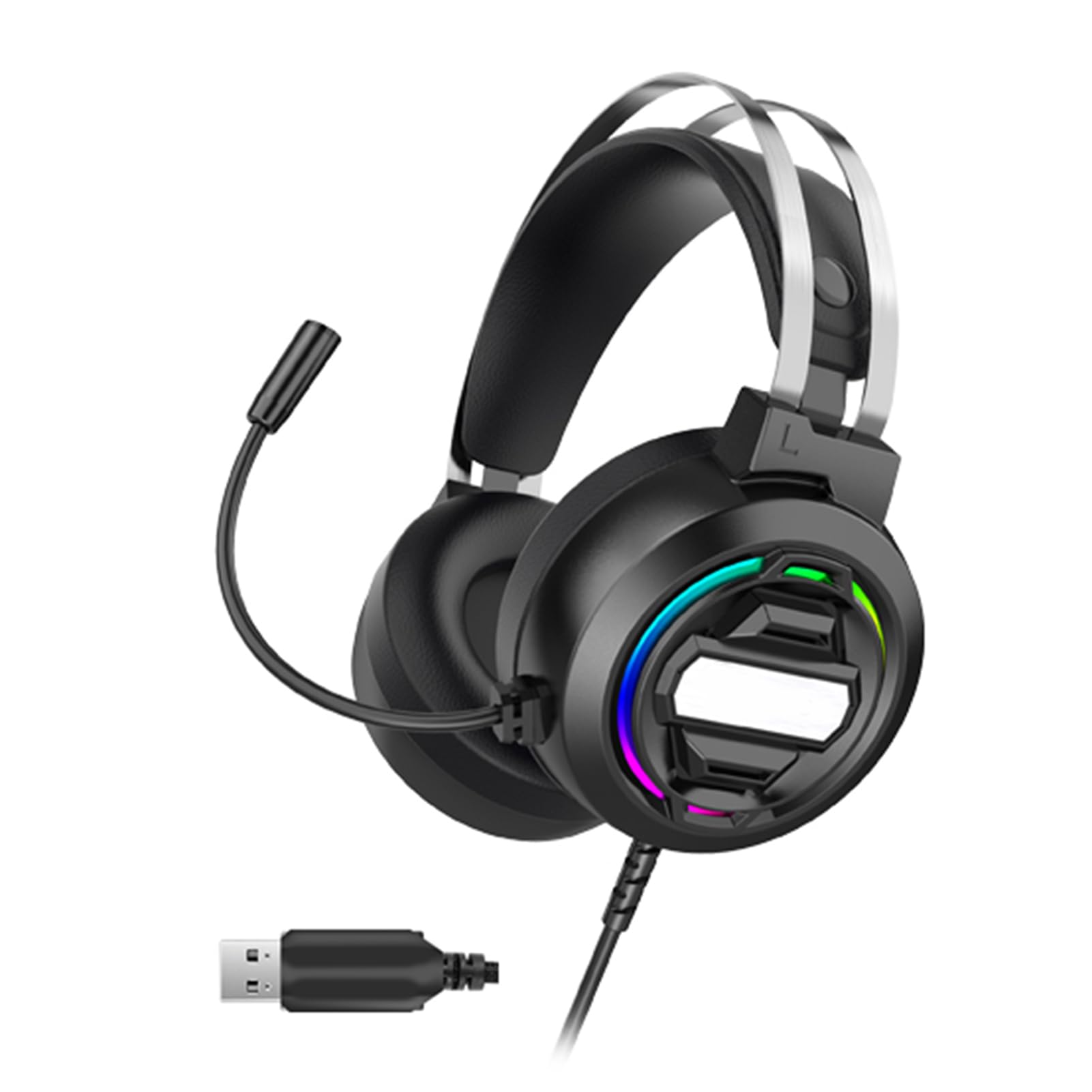 SENECESLI Kabelgebundenes Gaming-Headset, Surround-Sound-Kopfhörer mit Buntem LED-Licht, Mikrofon mit Geräuschunterdrückung für PC, Verstellbar – Ideal Zum Spielen, Arbeiten, Schwarz, 1 Stück