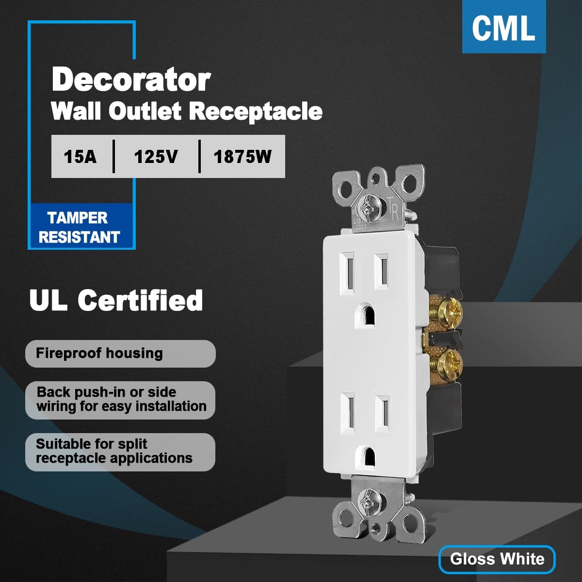 CML 15 Amp Decorator Wall Receptacle Outlet, Child-Safe Tamper Resistant, Standard Electrical Outlets with Oversized Jumbo Wall Plate, 15A/125V, 2 Pole 3 Wire, UL Listed, 20 Pack, White