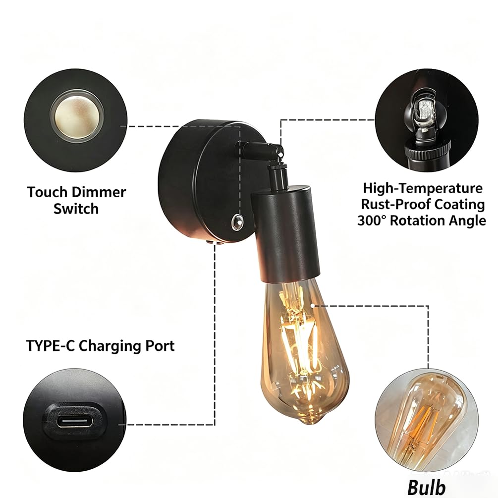 Akku Wandleuchte Kabellose Retro Drehbar Wandlampe Ohne Stromanschluss USB Aufladung Wandspot Dimmbar Fernbedienung Innen Wandbeleuchtung Touch Schalter Time für Nachttisch, Lesen, Flur,1 stück