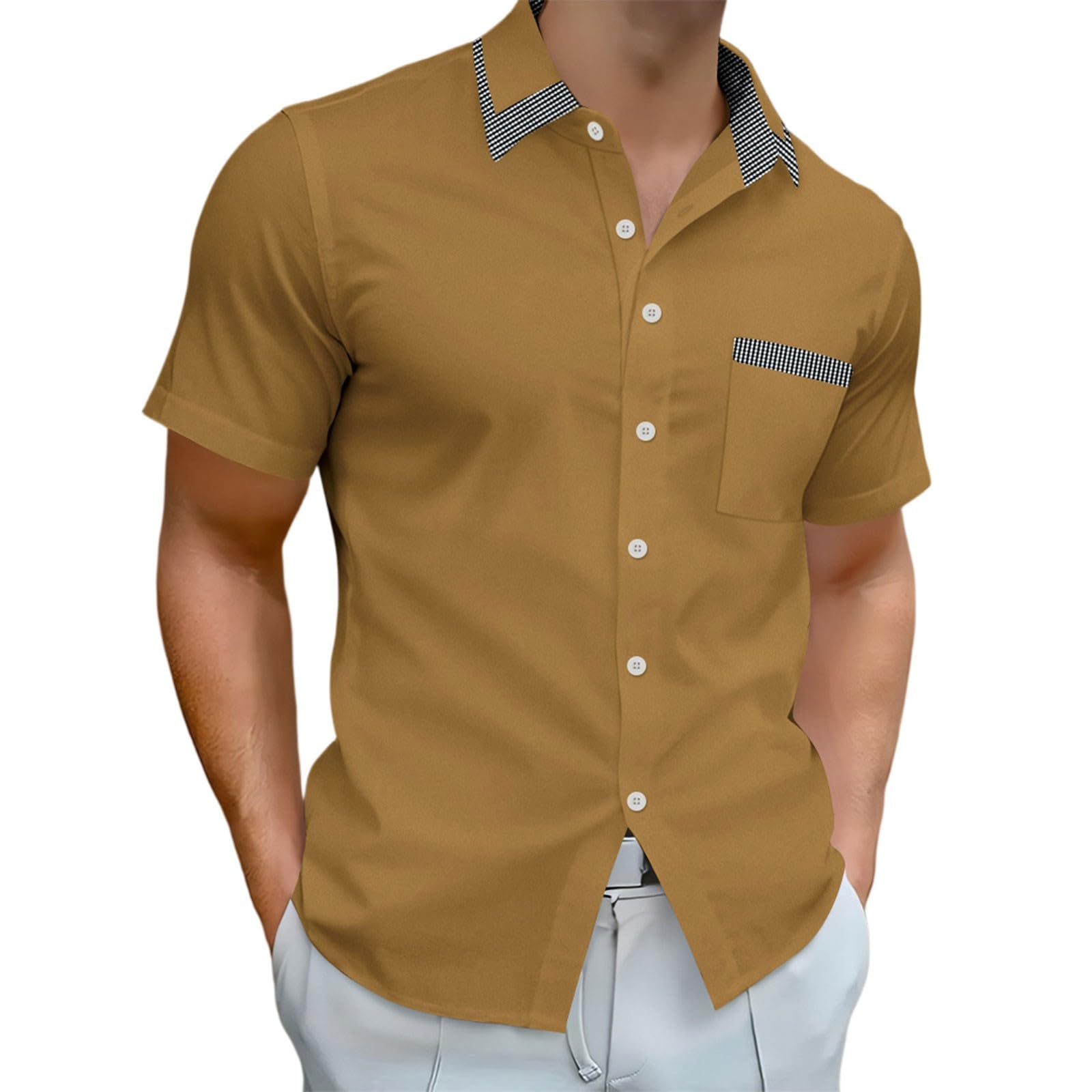 RTRDE Mens Casual Shirts Short Sleeve Button Up Plaid Collar Wrinkle Free Summer Beach Dress Shirts with S-2XL