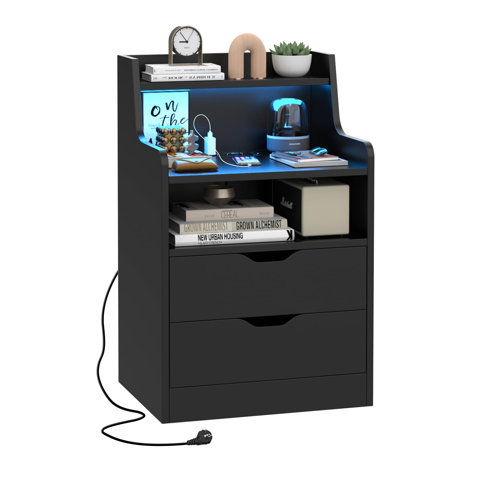 Nachttisch LED mit Steckdose & USB, Nachtschrank mit 2 Schubladen und offenem Ablagefach, Smart Nachttische mit LED-Beleuchtung, Nachttische Schwarz 45x35x73cm, Modern Nachtschrank Tisch