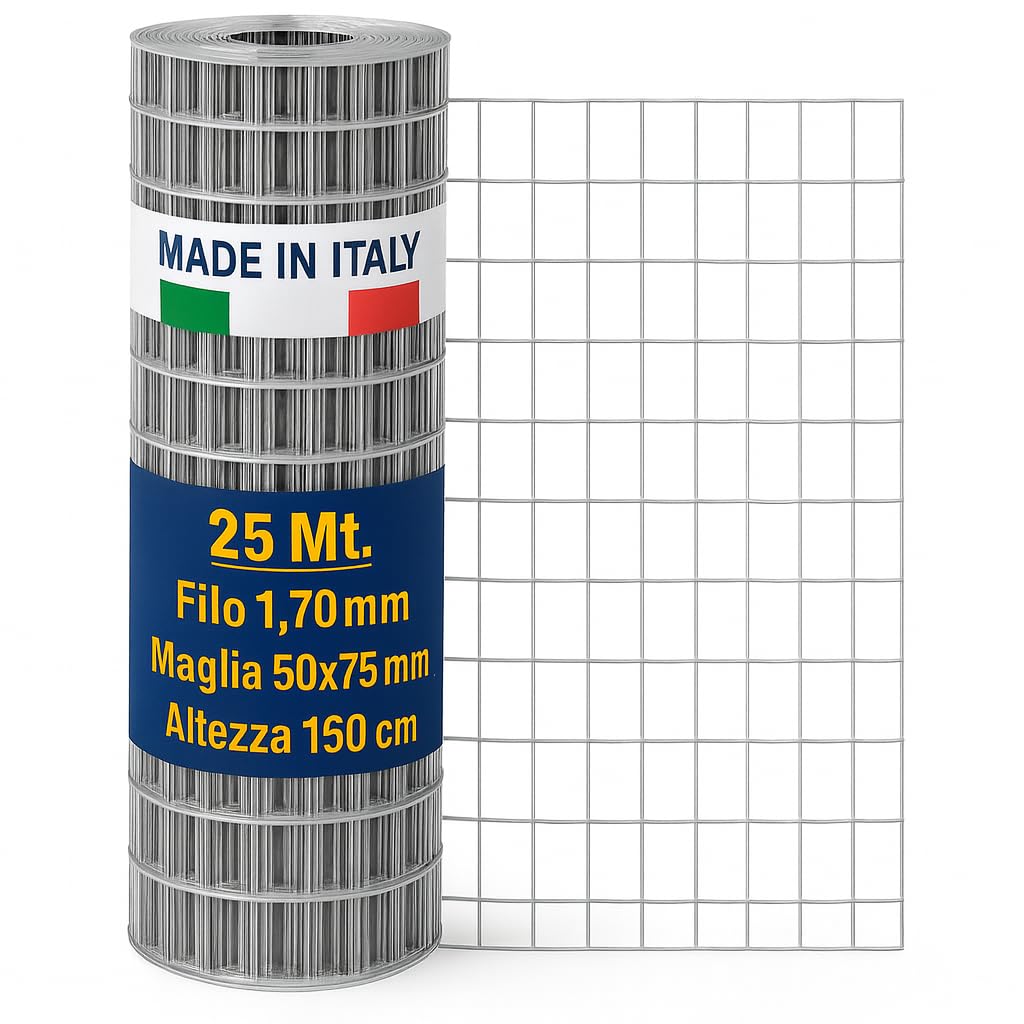 Rete Elettrosaldata Zincata – Maglia 50×75 mm – Filo 1,7 mm – Rotolo 25 m – MADE IN ITALY – Per Recinzioni, Giardino, Orto, Pollaio – Altezze 100/125/150 cm (Altezza 150 cm)