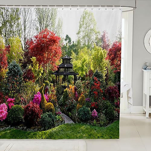 Loussiesd Natural Shower Curtain 180x180cm 3D Garden View Flowers Trees Waterproof Shower Curtain Outdoor Nature Scenery Waterproof Cloth Fabric Bathroom Decor Set including Hooks