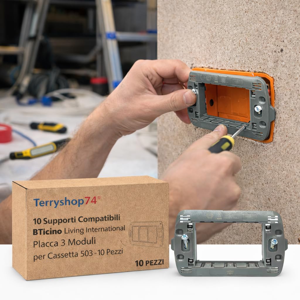 Terryshop74® 10 Supporti 503 3 Moduli Compatibili BTicino Living International – Placca 3 Posti per Cassetta 503 – Telai Supporto Prese e Interruttori – Kit 10 Pezzi