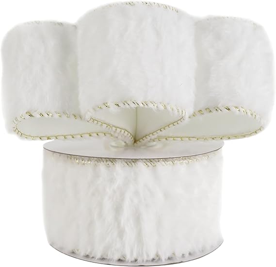 HUIHUANG White Faux Fur Wired Ribbon 2.5 inch White Fur
