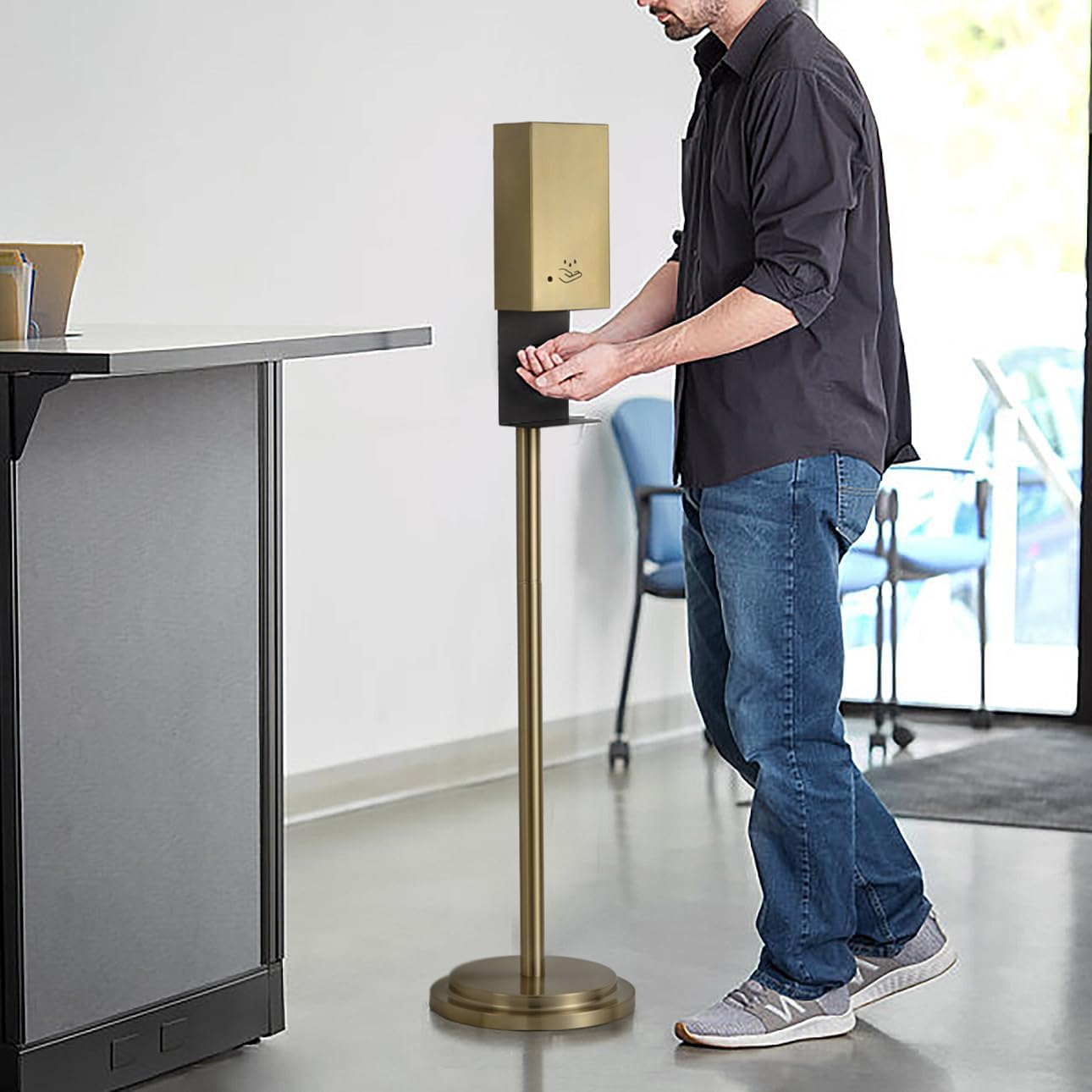 NOVA of California Luxe Floor Stand Touchless Hand Sanitizer Dispenser - 54", Brushed Brass, Powermist