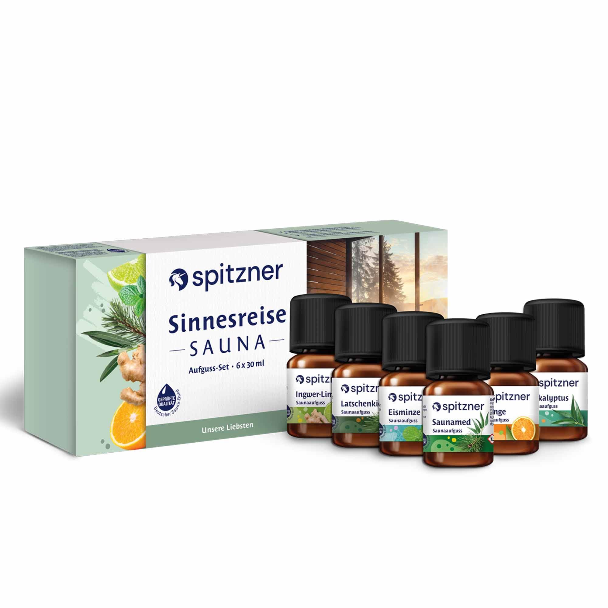 Spitzner Saunaaufguss-Set „Sinnesreise“ | 6 Düfte à 30 ml: Eisminze, Ingwer-Limette, Orange, Eukalyptus, Latschenkiefer & Saunamed | Perfektes Geschenk für Sauna-Liebhaber