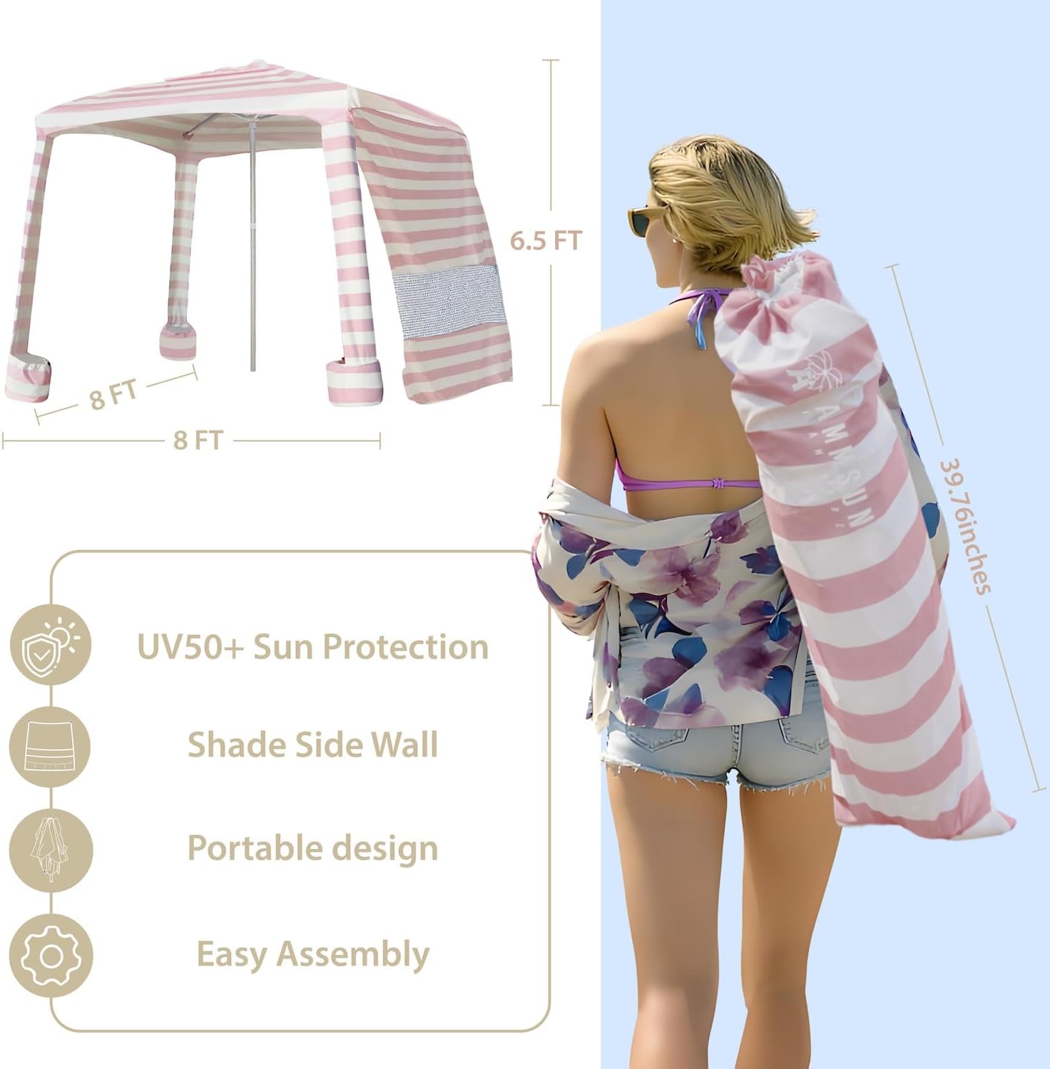 AMMSUN Portable Beach Cabana, 8'×8' Beach Canopy, Easy Set up and Take Down, Cabana Tent with Sand Pockets
