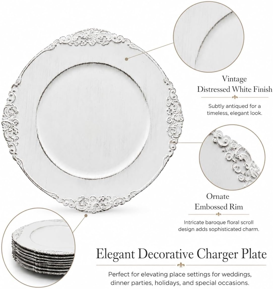 12PCS Antique White Charger Plates Bulk- 13in Embossed Reusable Chargers
