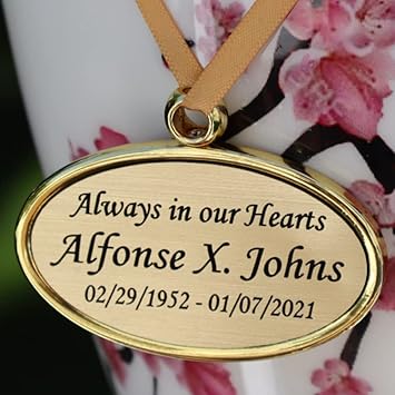 Gold Oval Engraved Pendant - Hanging Plate Medallion Plaque for urns That can’t be Engraved - Includes Smooth Satin Ribbon - Made in Brass - Black Engraving (Gold Tone)