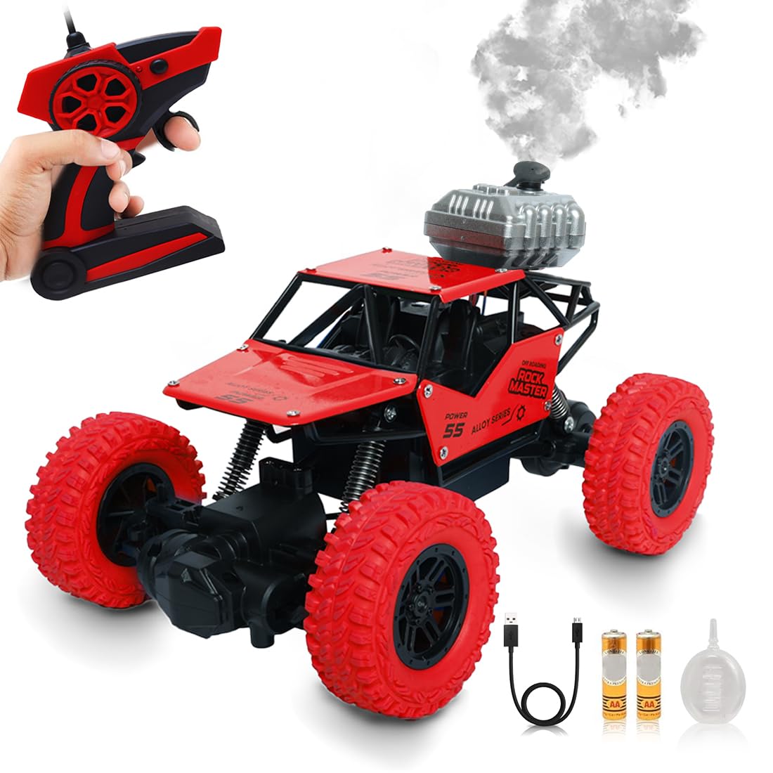 Wembley Rechargeable Remote Control Monster Truck RC Car Big Size Off Road 2WD Rock Crawler Battery Water Mist Spray and High Speed Racing Toy for Boys- Red, 5 Years And Above